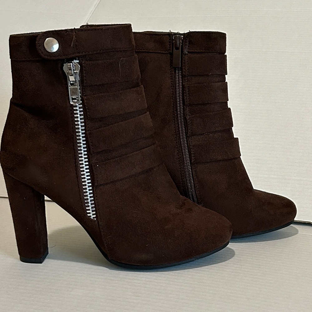 Forever 21 Dark Brown Ankle Booties with Silver Zipper accent. 3 1/2” heel.